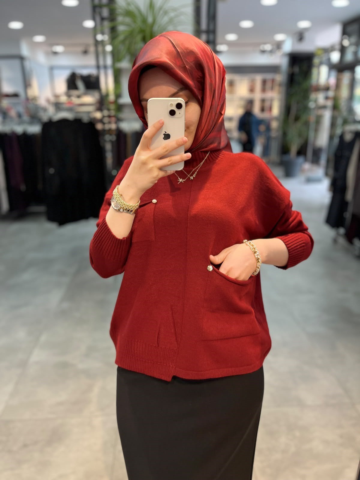 On Triko Tek Cep Detaylı Dik Yaka Kazak - Bordo