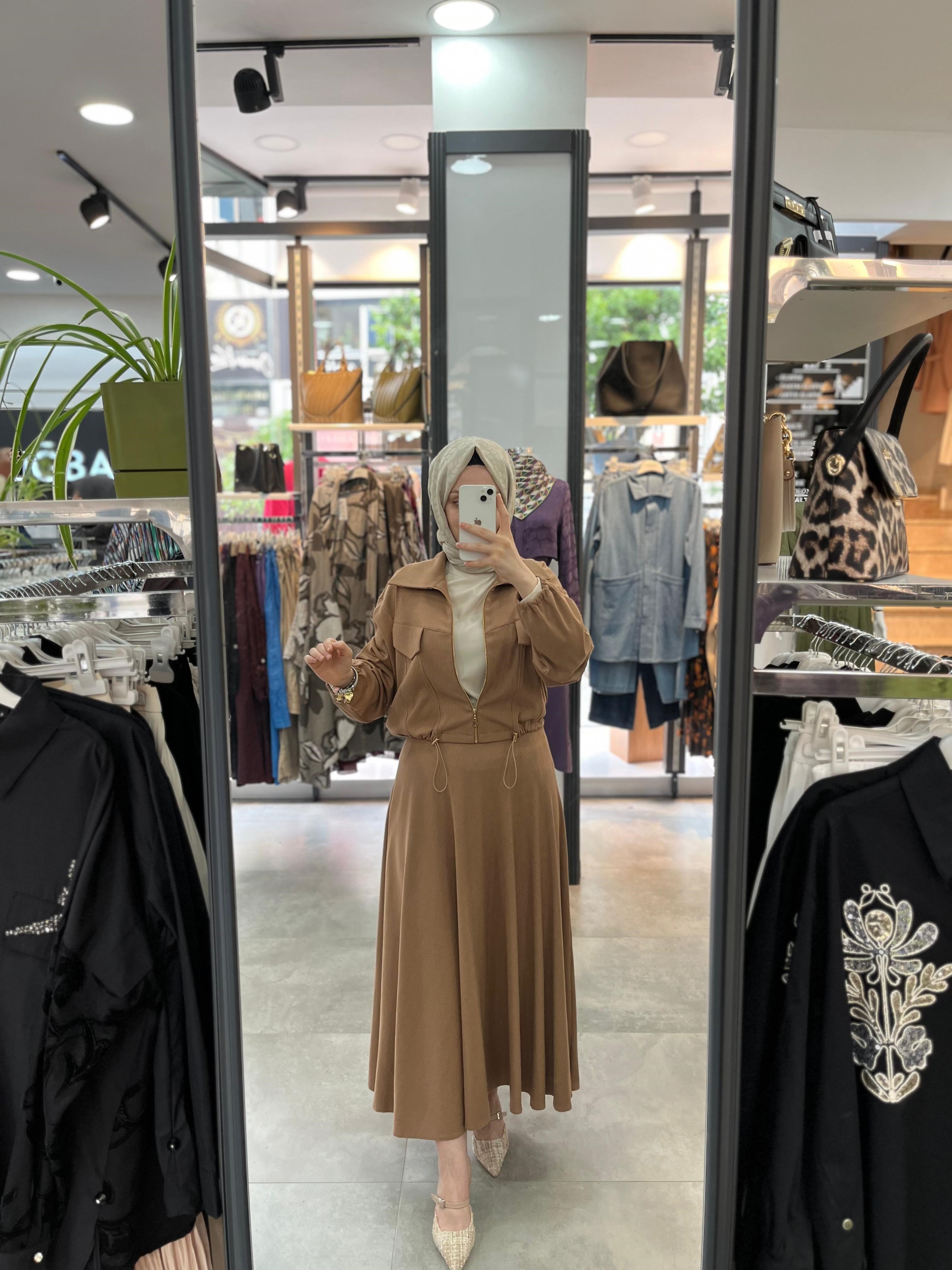Qotans Örme Kumaş Ceket Etek Takım - Camel