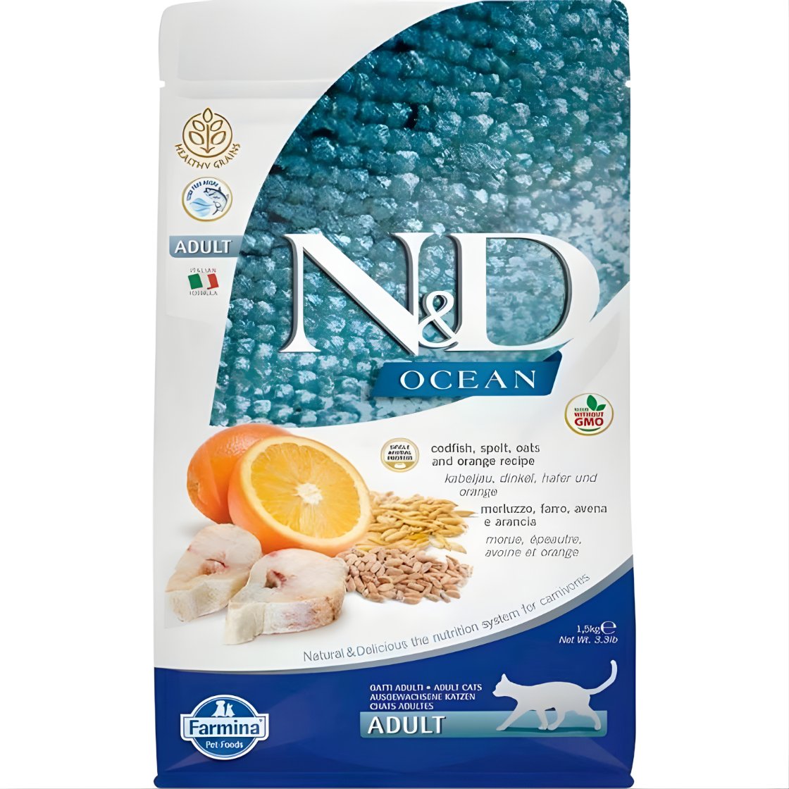 N&D Ocean - Düşük Tahıllı - Morina Balıklı ve Portakallı Yetişkin Kedi Maması 1,5KG