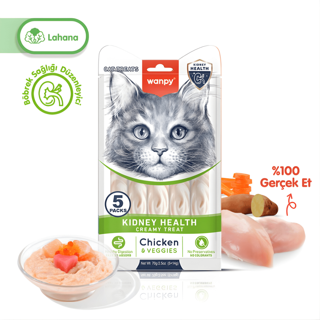 Wanpy Kidney Health Tavuklu ve Sebzeli Böbrek Sağlığı Desteği Krema Kedi Ödül Maması 14gr (5'li)