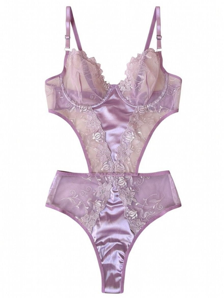 Lila Dantel ve Saten Detaylı Transparan Body 80-B