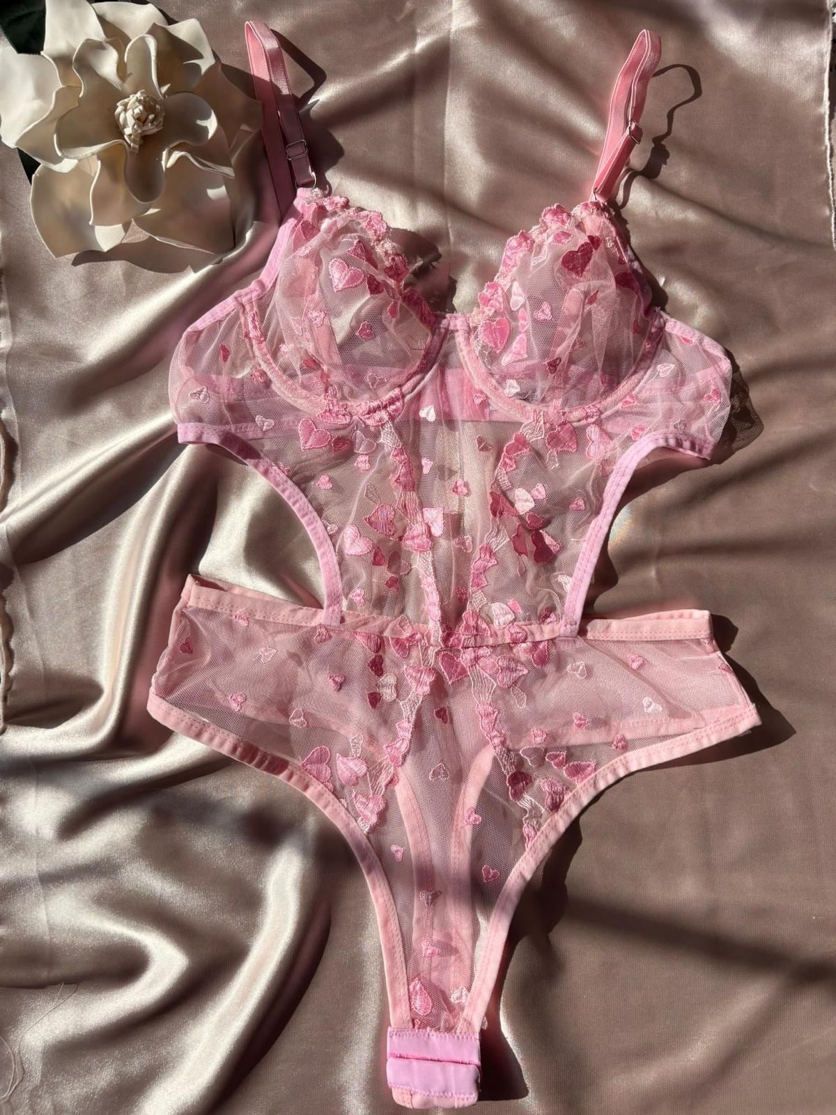 Pembe Kalp Desenli Transparan Dantel Body Takım- 85B