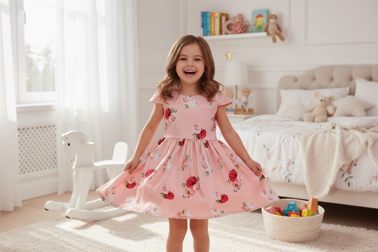 Saten Pembe Çiçekli Elbise-2 Yaş