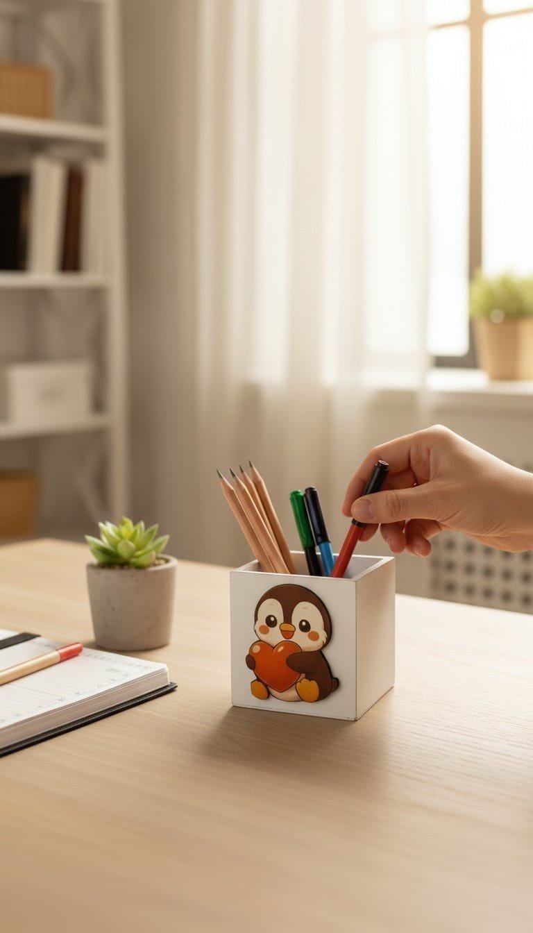 Yavru Penguen Detaylı Ahşap Kalemlik