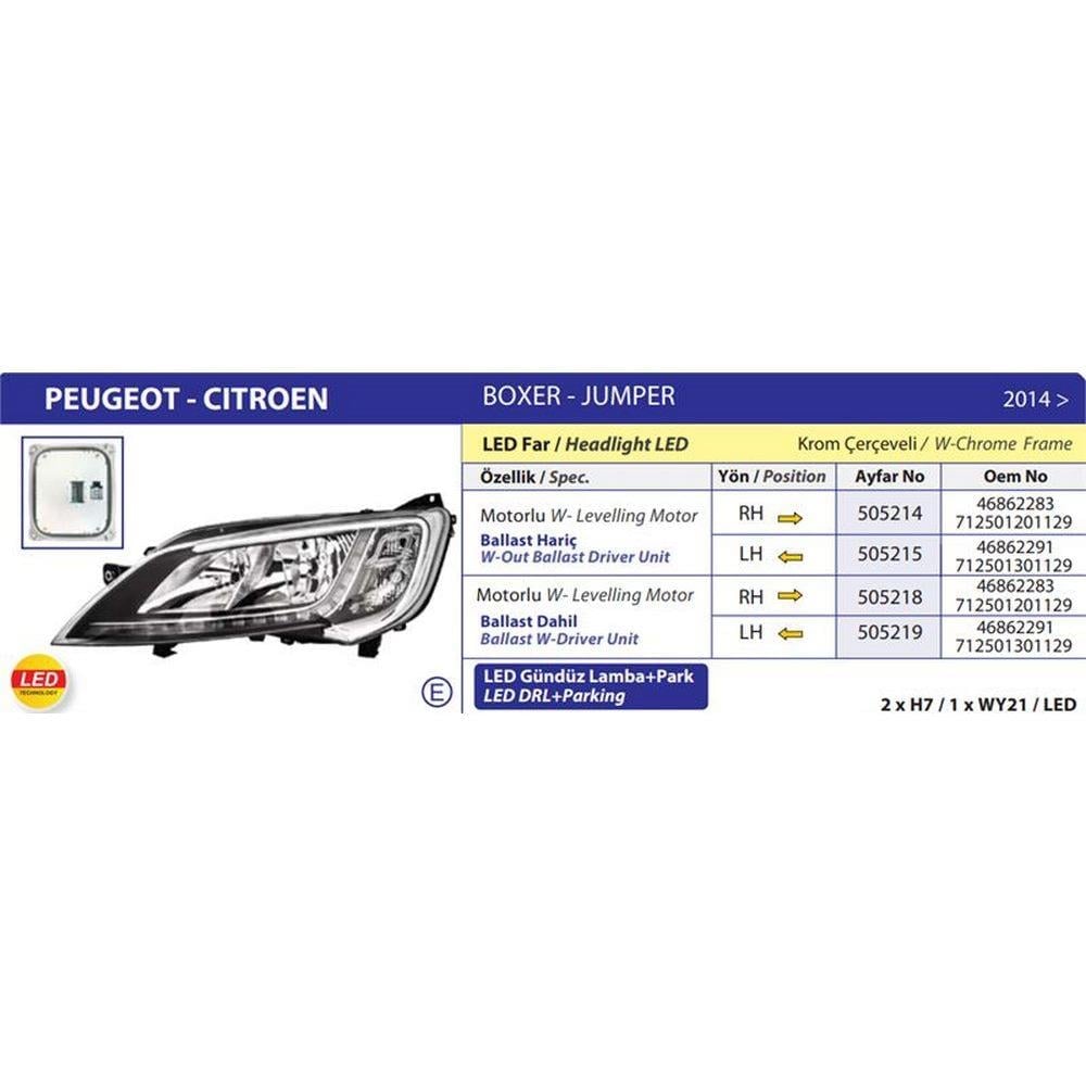 FAR SAG (LED) MOTORLU (BALLAST DAHIL) JUMPER III DUCATO III BOXER III 14>