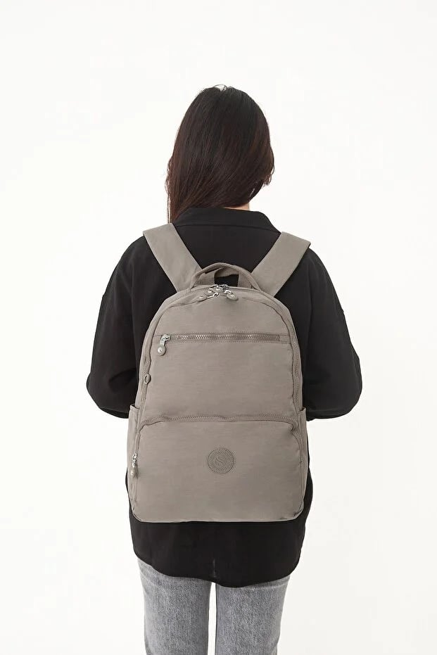 Sanmorris 3060 Unisex Suya Dayanıklı Orta Boy Krinkıl Kumaş Çok Gözlü  Laptop Okul Ve Seyahat Sırt Çantası  HAKİ