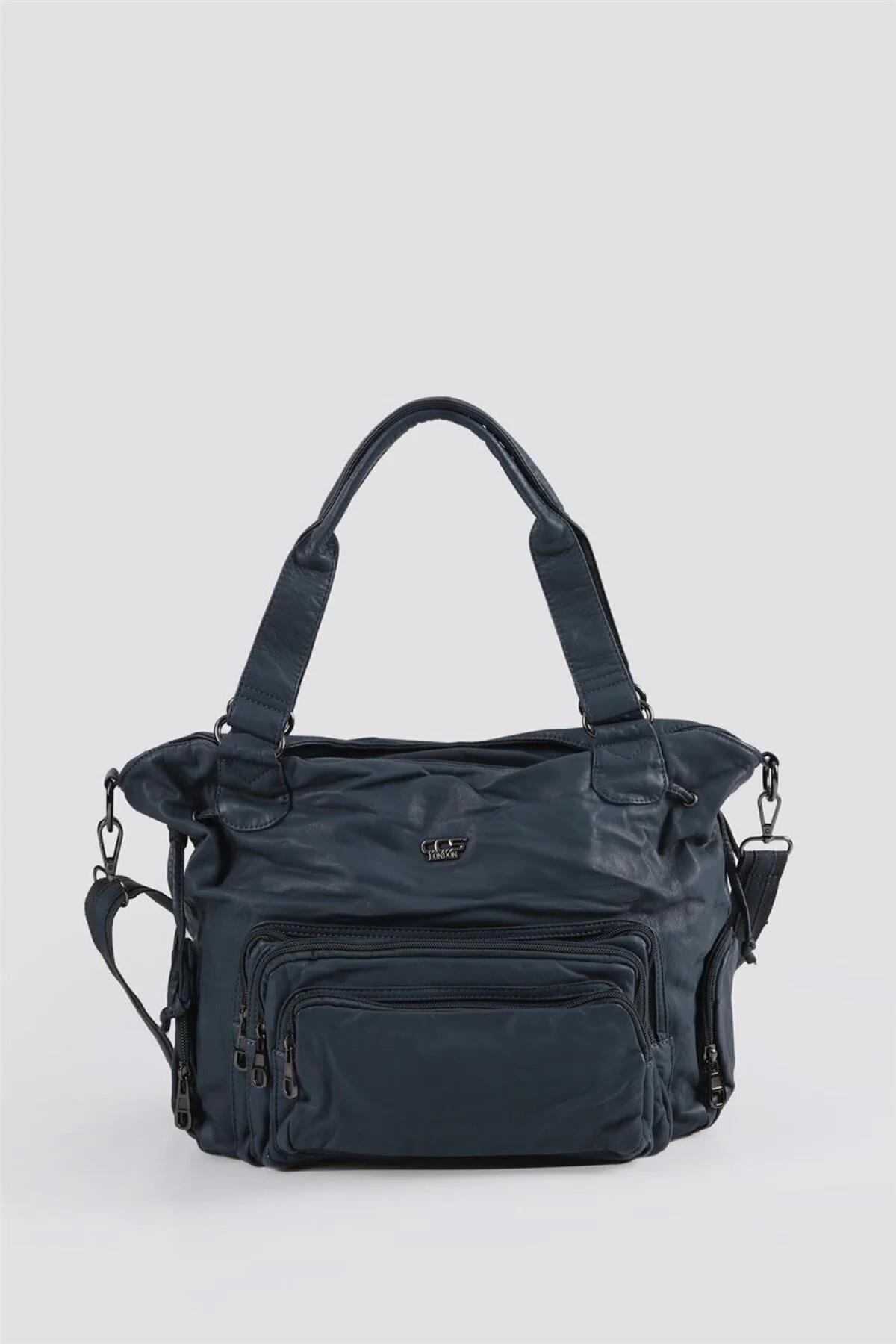 ÇÇS 17648 Yıkama Deri Kadın Omuz Çantası -Petrol