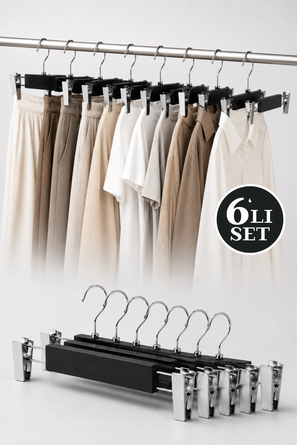 6'lı Set Lüks Mandallı Etek Pantolon ve Elbise Askısı Siyah