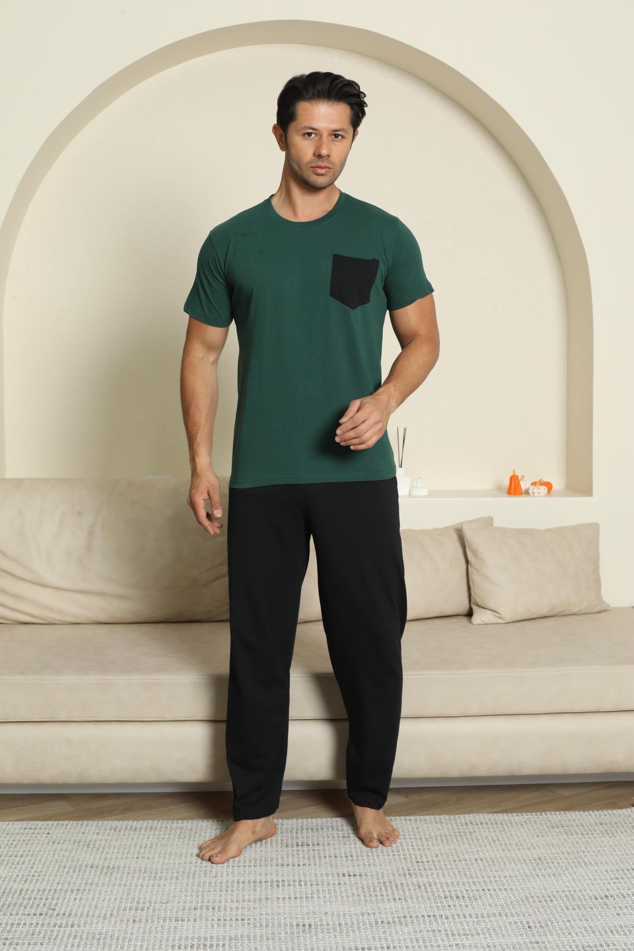 Erkek Pamuk Cepli Yeşil Pijama Takımı