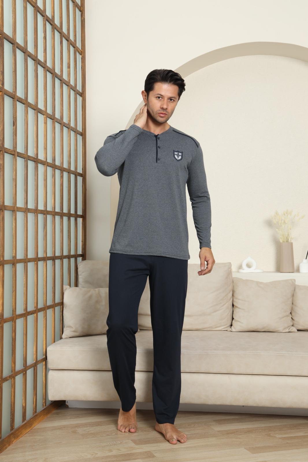 Erkek Pamuklu Uzun Kol Antrasit Pijama Takımı