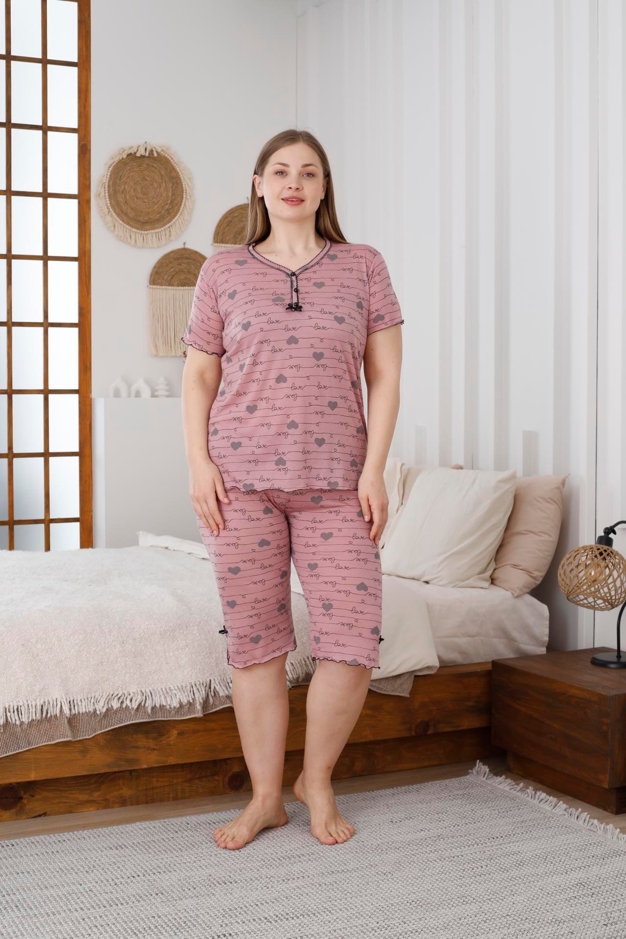Viskon Battal Kaprı Kısa Kol Pijama Takımı