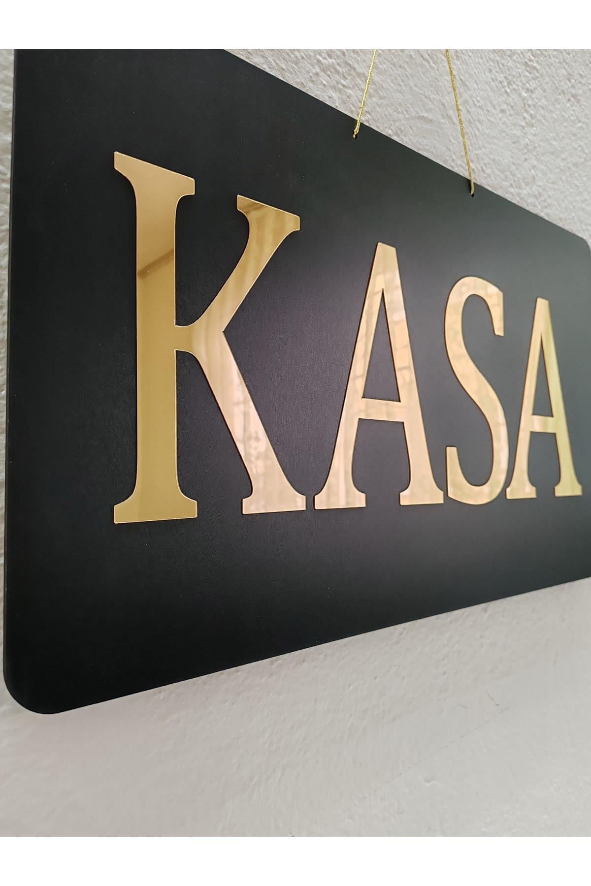 KASA Yazısı Kapı Tabelası – Siyah Pleksi Üzeri Altın Ayna Harf Kesim (Kapı & Kat Yönlendirme)