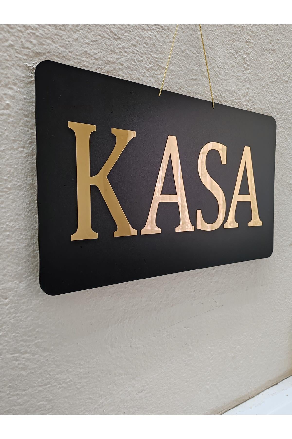 KASA Yazısı Kapı Tabelası – Siyah Pleksi Üzeri Altın Ayna Harf Kesim (Kapı & Kat Yönlendirme)