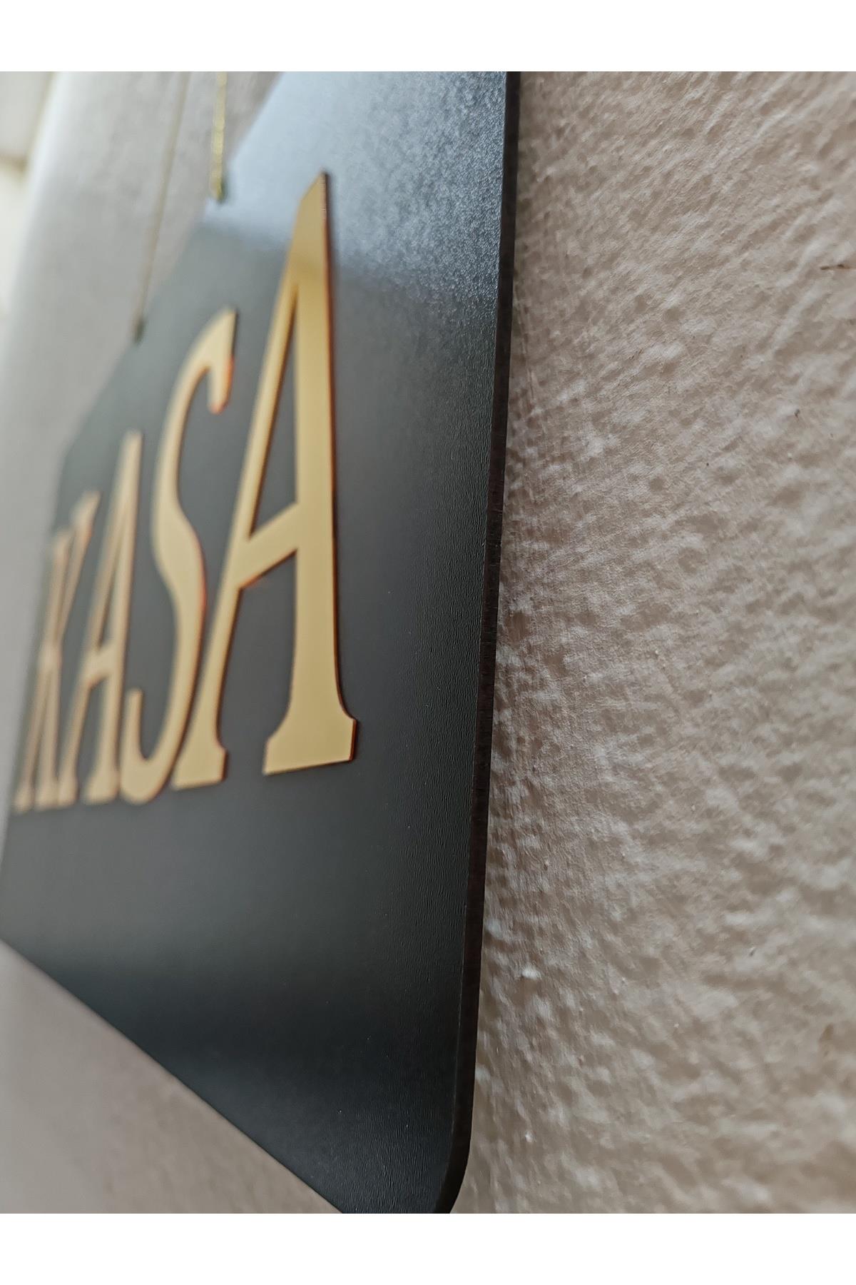 KASA Yazısı Kapı Tabelası – Siyah Pleksi Üzeri Altın Ayna Harf Kesim (Kapı & Kat Yönlendirme)