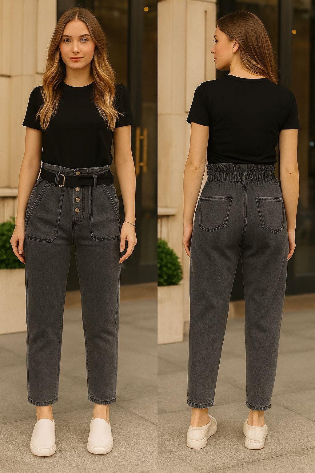 PANTOLONKemerli Düğme Detaylı Jeans