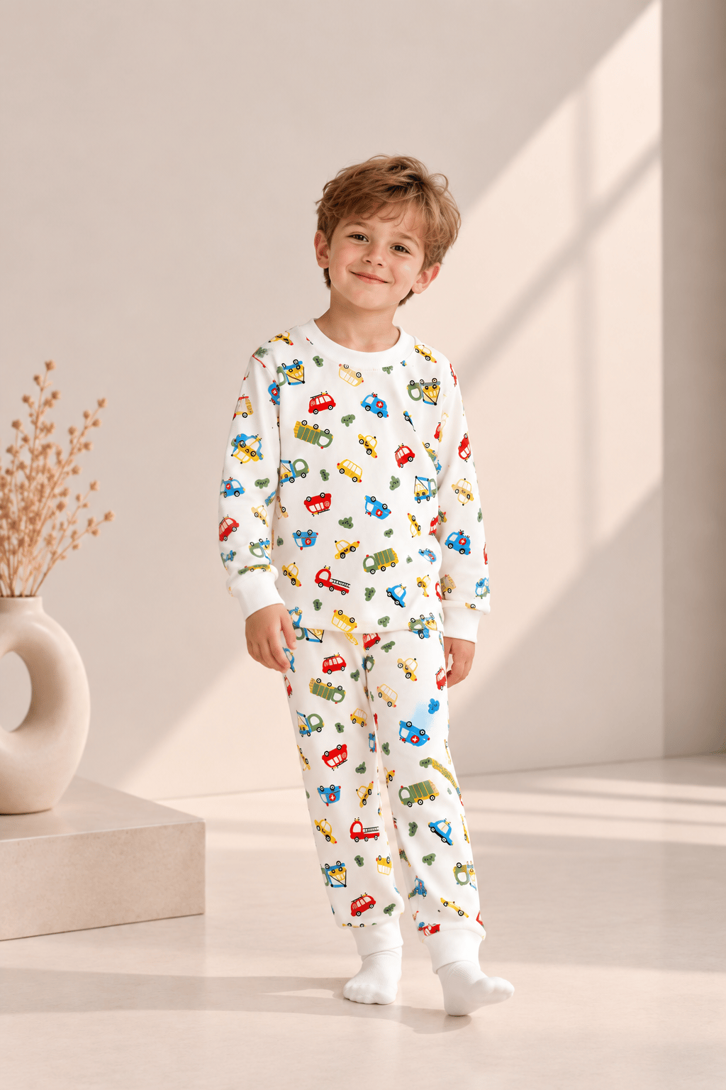Araba Desenli Kalın Mevsimlik Pijama Takımı (Tam Kalıp)