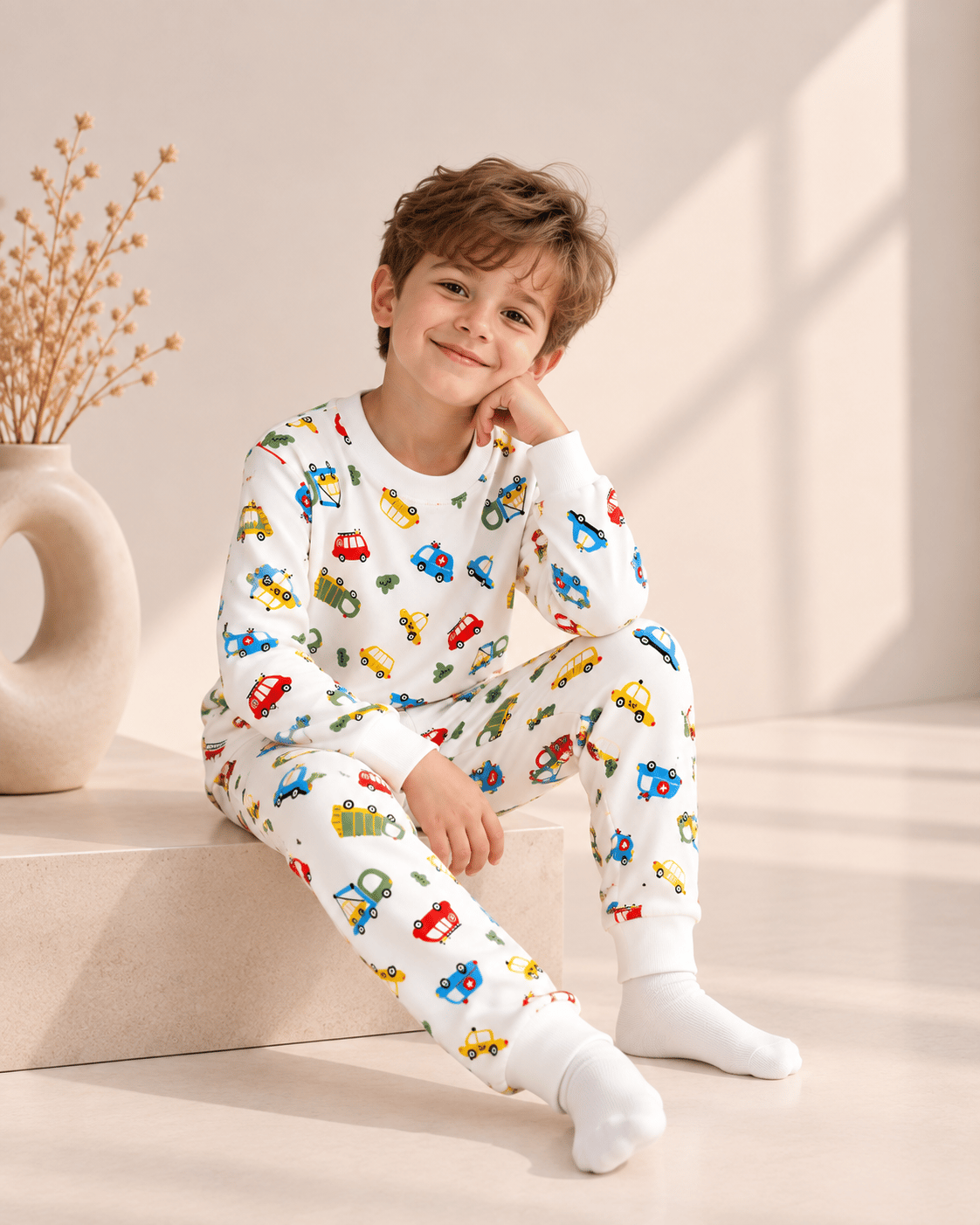 Araba Desenli Kalın Mevsimlik Pijama Takımı (Tam Kalıp)