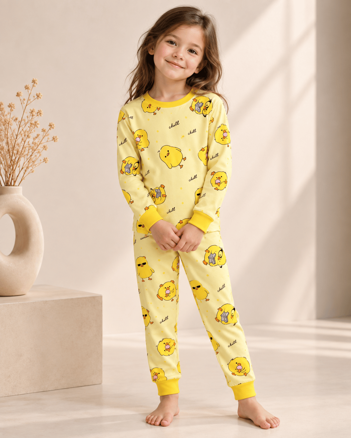 Civciv Desenli Kalın Mevsimlik Pijama Takımı (Tam Kalıp)