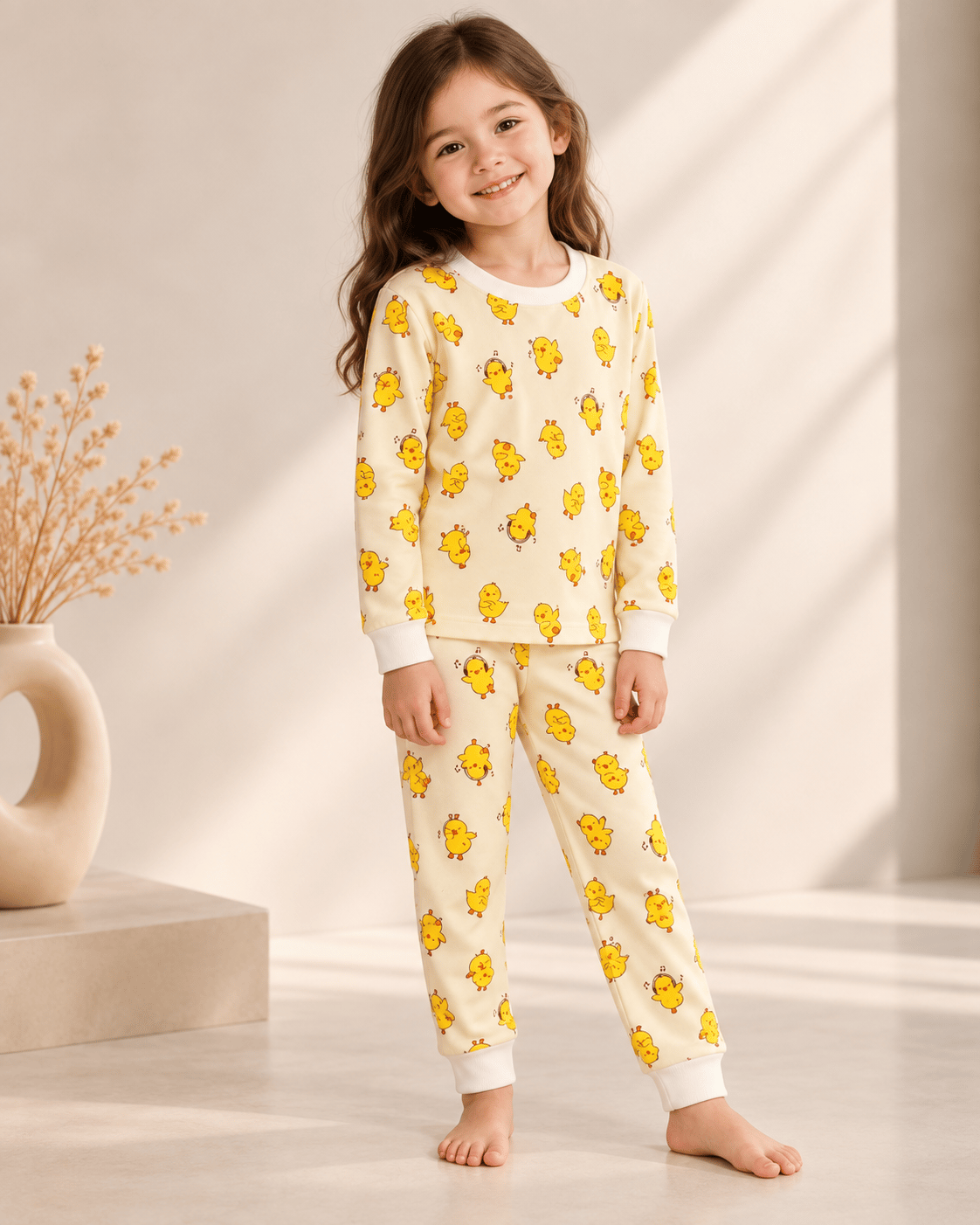Civciv Desenli Kalın Mevsimlik Pijama Takımı (Rahat Kalıp)