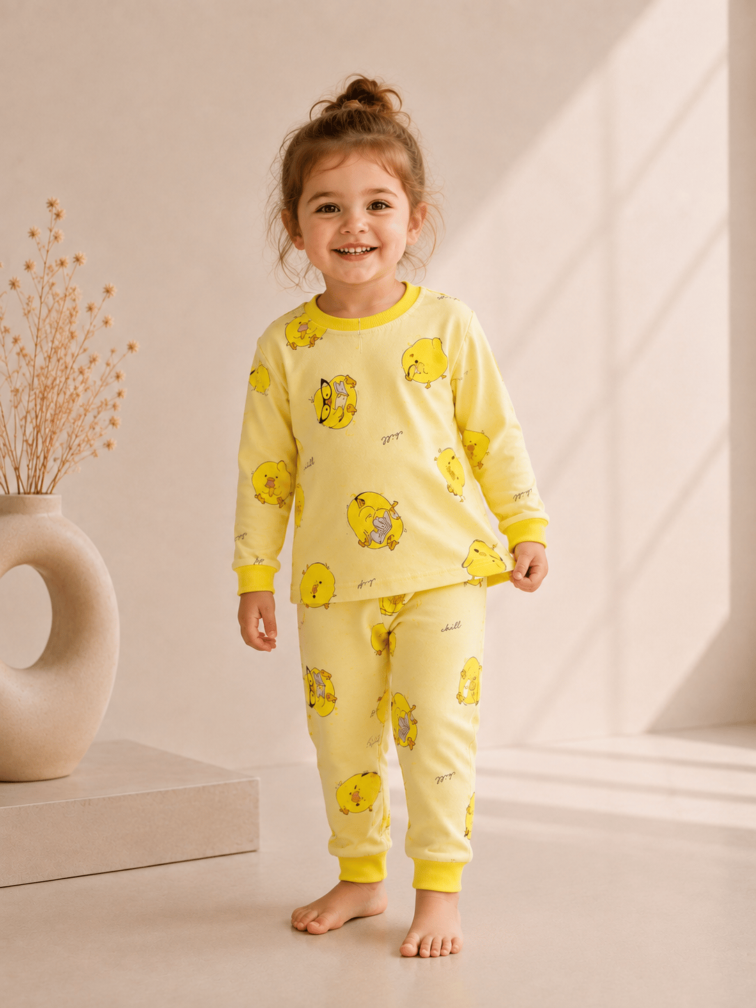 Civciv Desenli Kalın Mevsimlik Pijama Takımı (Tam Kalıp)