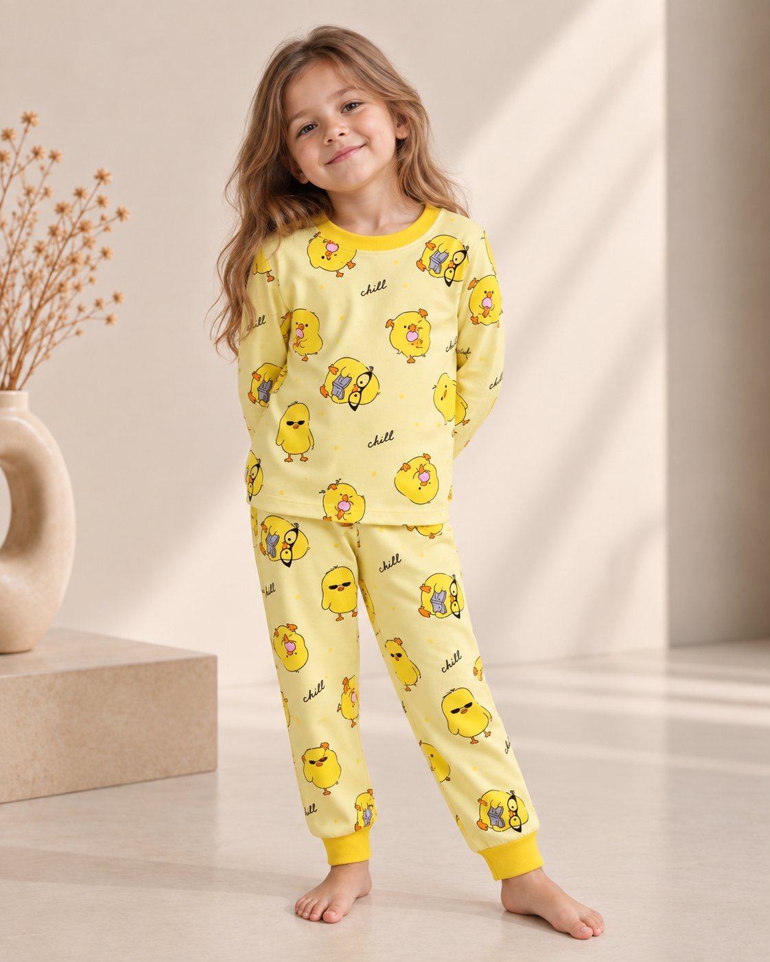 Civciv Desenli Kalın Mevsimlik Pijama Takımı (Tam Kalıp)