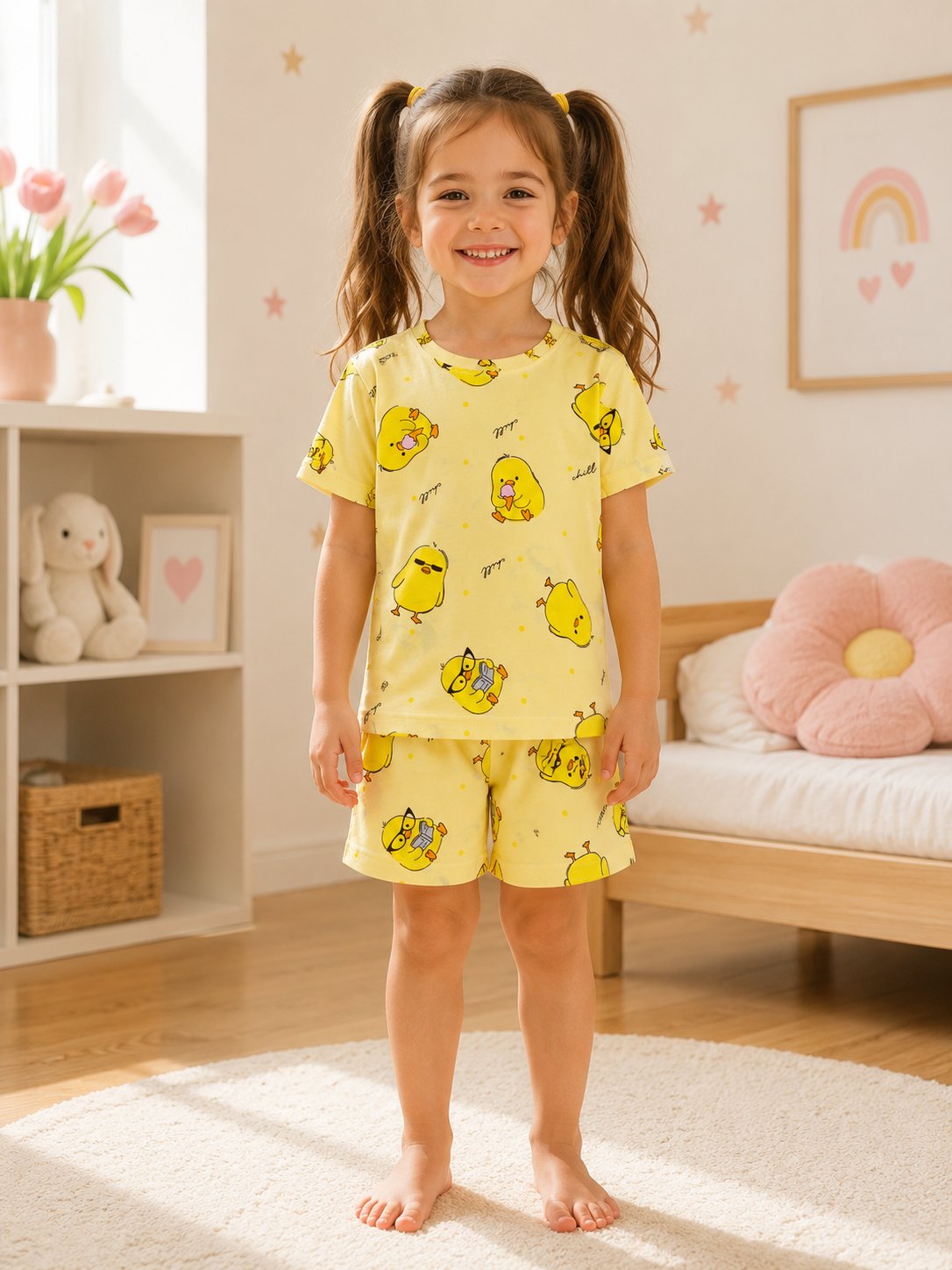 Civciv Desenli Şortlu Pijama Takımı