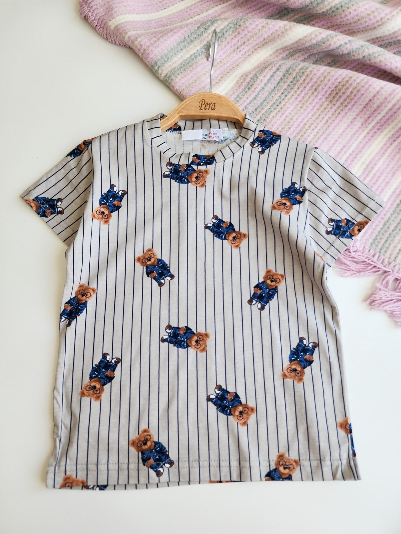 Çizgili Ayı Desenli Şortlu Pijama Takımı