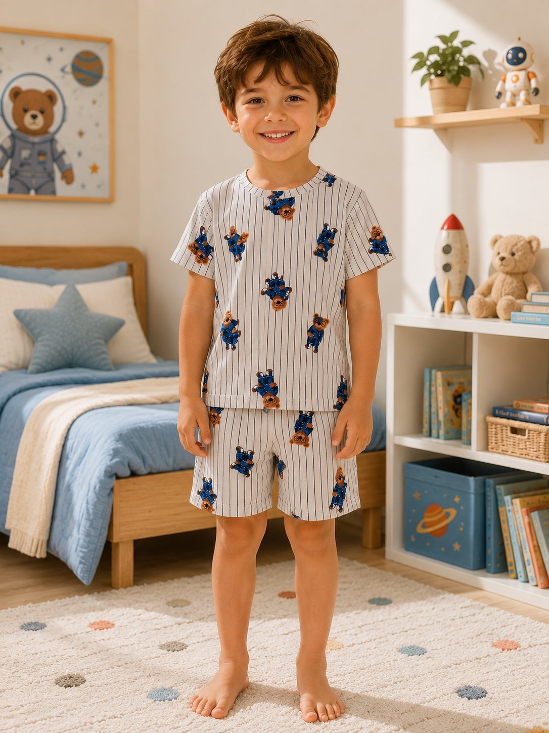 Çizgili Ayı Desenli Şortlu Pijama Takımı