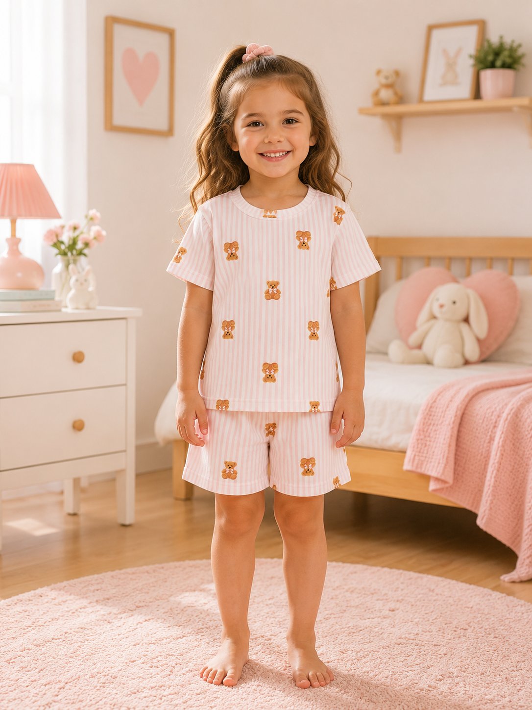 Çizgili Ayıcık Desenli Şortlu Pijama Takımı