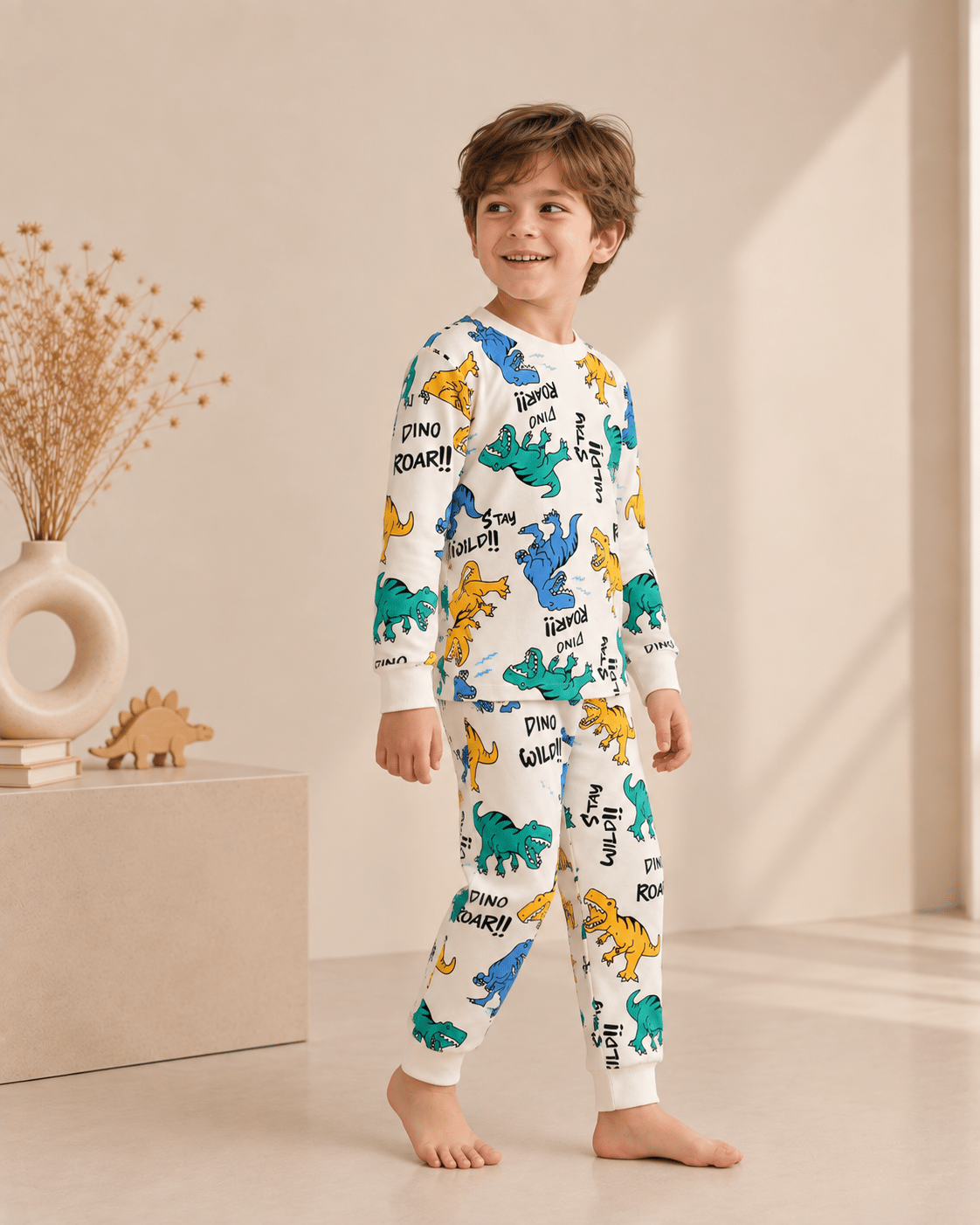 Dinozor Desenli Kalın Mevsimlik Pijama Takımı (Rahat Kalıp)