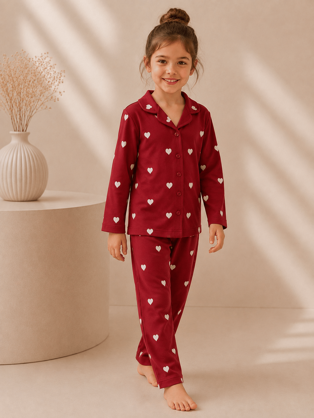 Düğmeli Kalp Desenli Mevsimlik Pijama Takımı