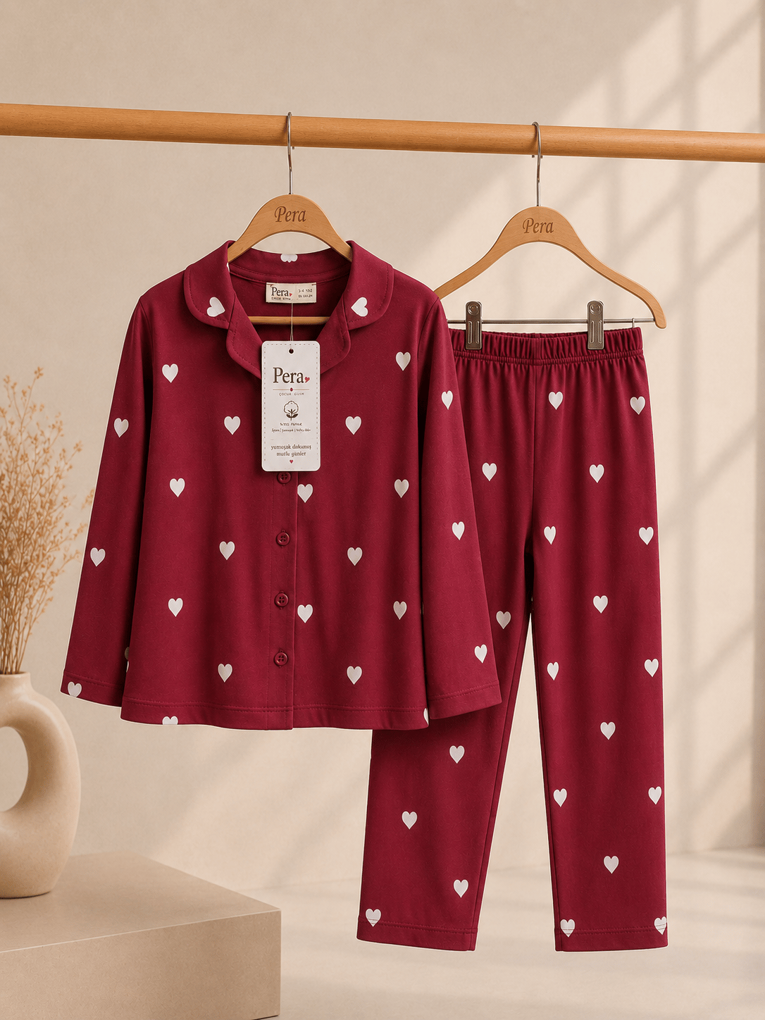Düğmeli Kalp Desenli Mevsimlik Pijama Takımı