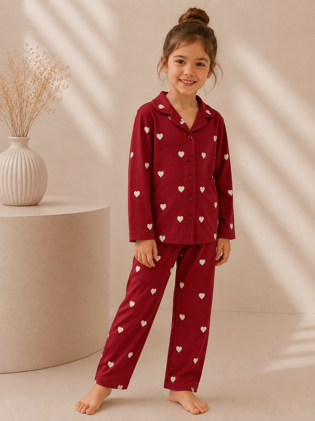 Düğmeli Kalp Desenli Mevsimlik Pijama Takımı