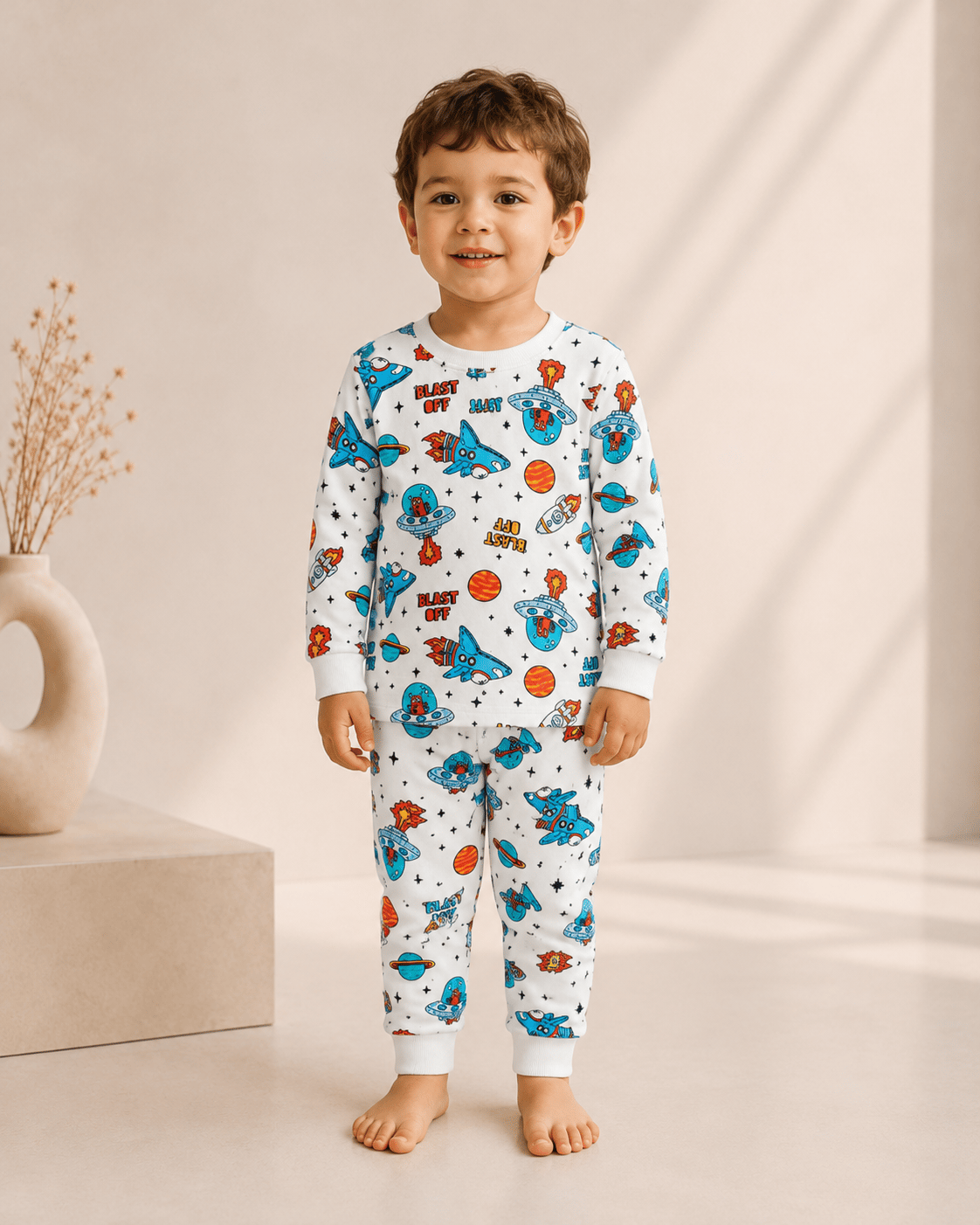Gezegen Desenli Kalın Mevsimlik Pijama Takımı (Tam Kalıp)