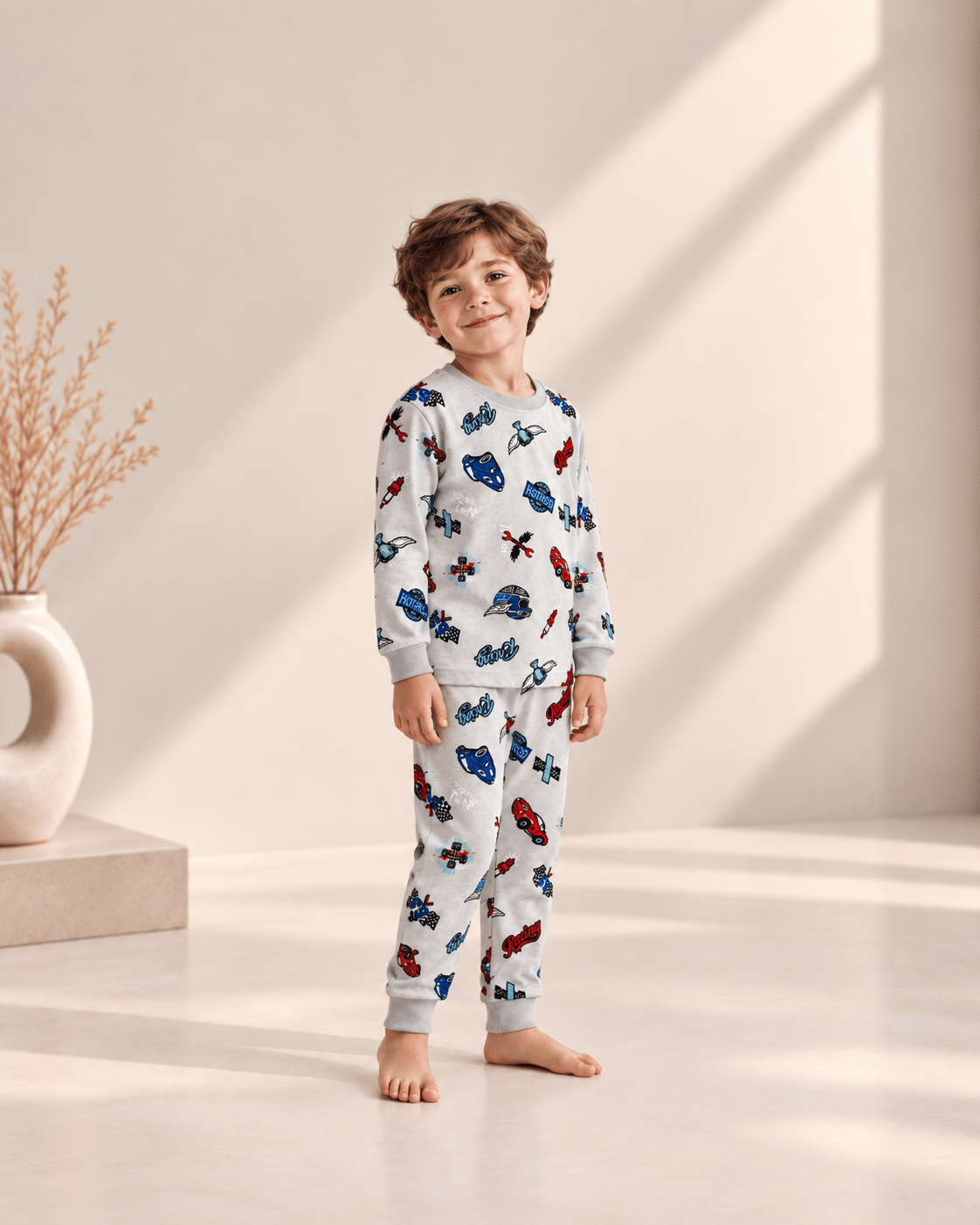 Gri Araba Desenli Kalın Mevsimlik Pijama Takımı (Tam Kalıp)