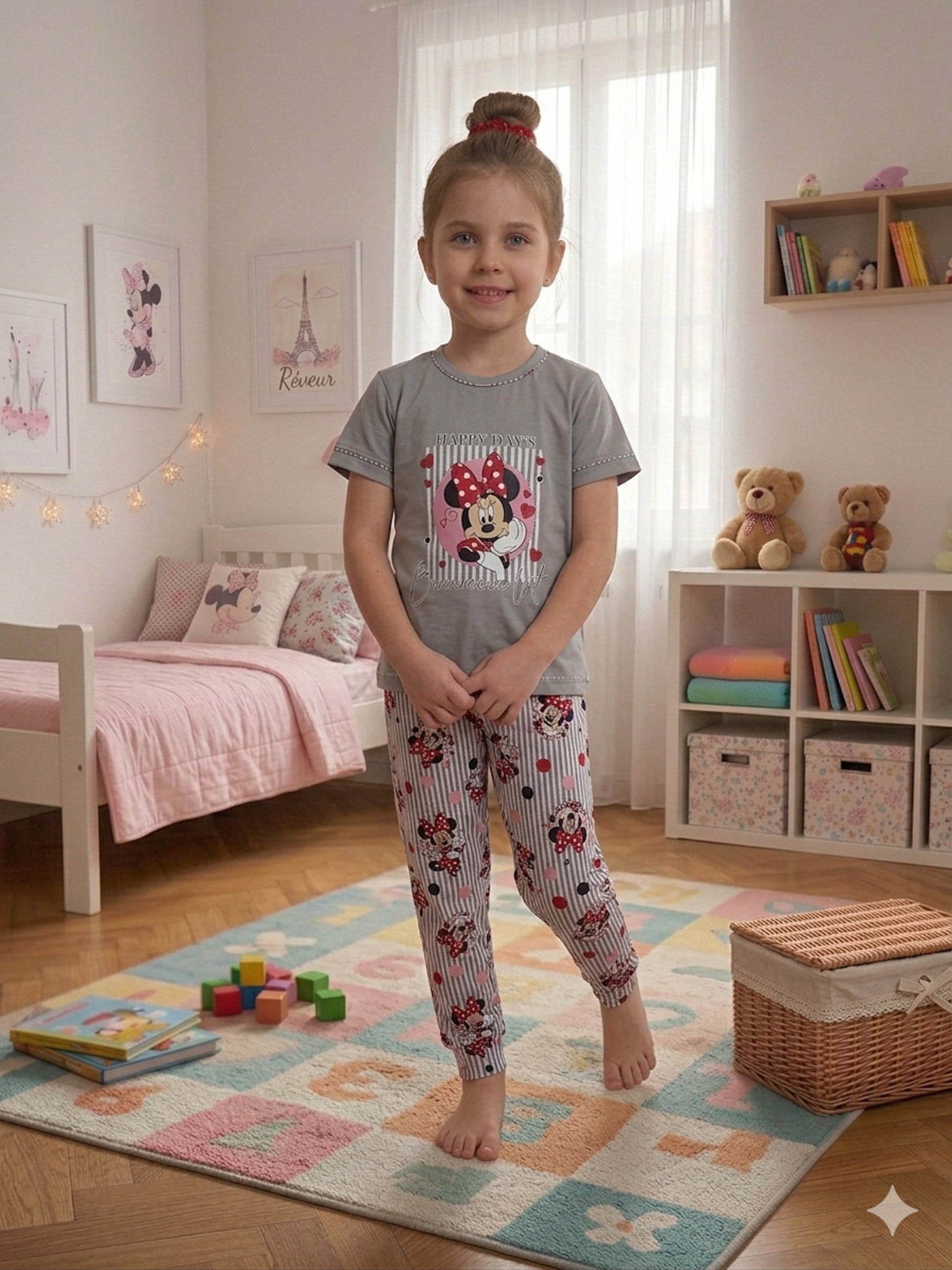 Gri Minnie Desenli Mevsimlik Pijama Takımı