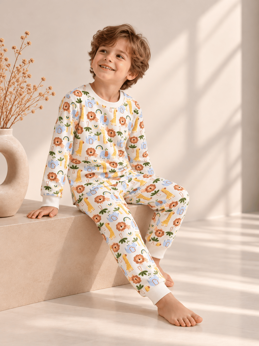 Hayvanat Bahçesi Desenli Kalın Mevsimlik Pijama Takımı (Rahat Kalıp)