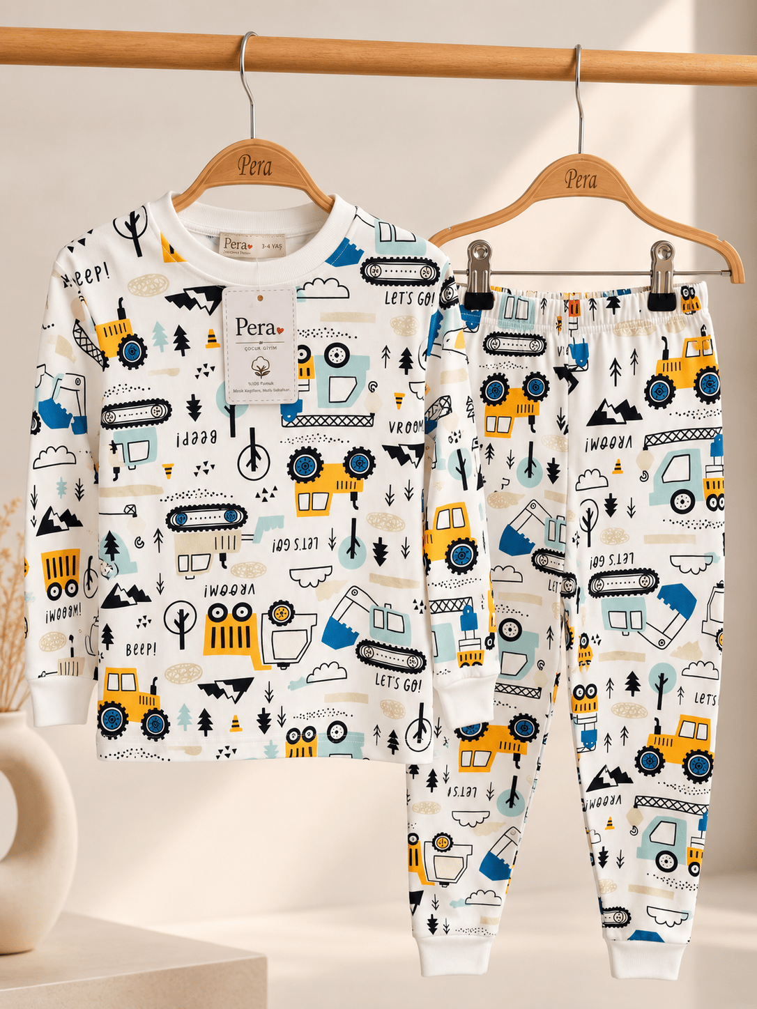 İş Makinası Desenli Kalın Mevsimlik Pijama Takımı (Tam Kalıp)