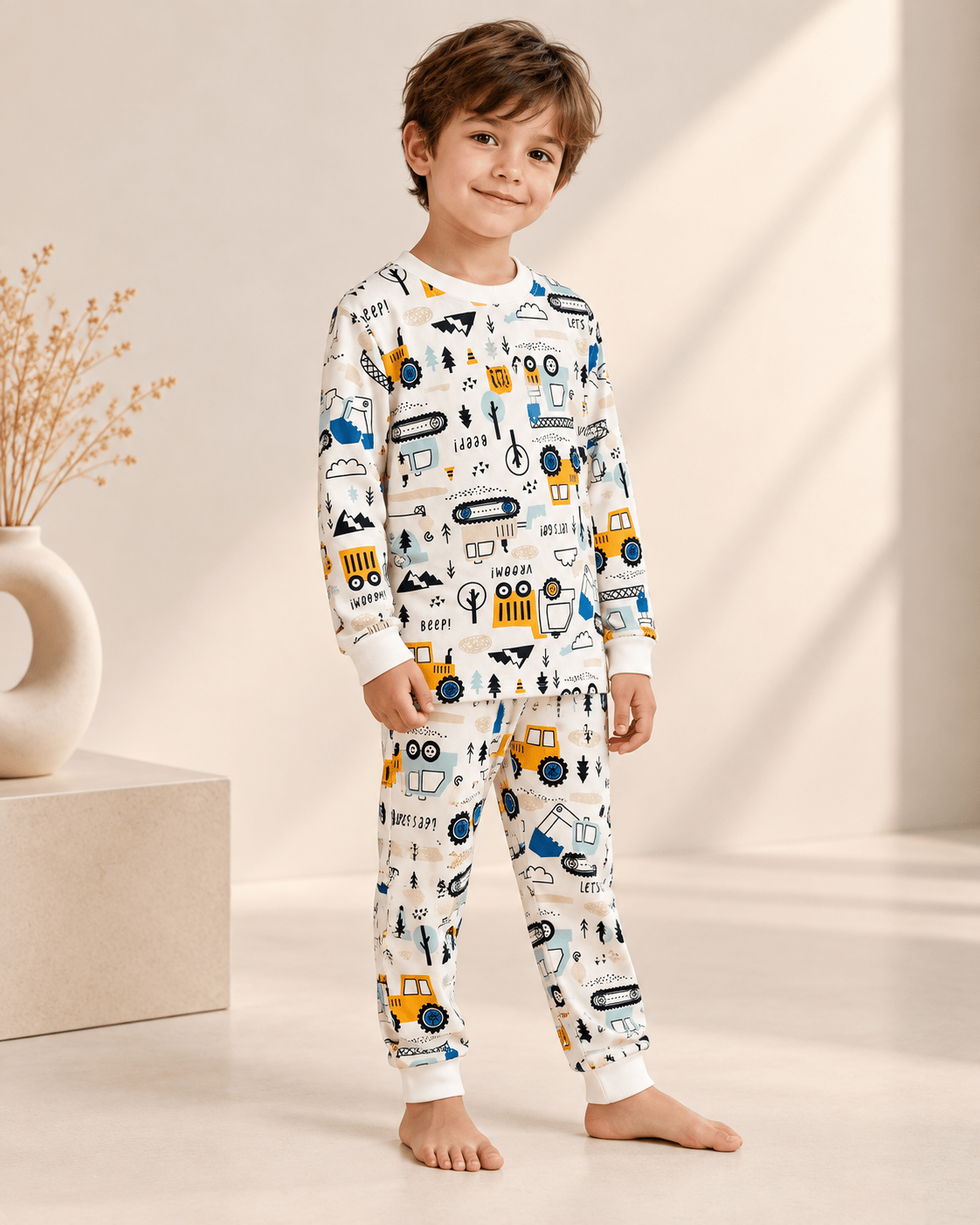 İş Makinası Desenli Kalın Mevsimlik Pijama Takımı (Tam Kalıp)