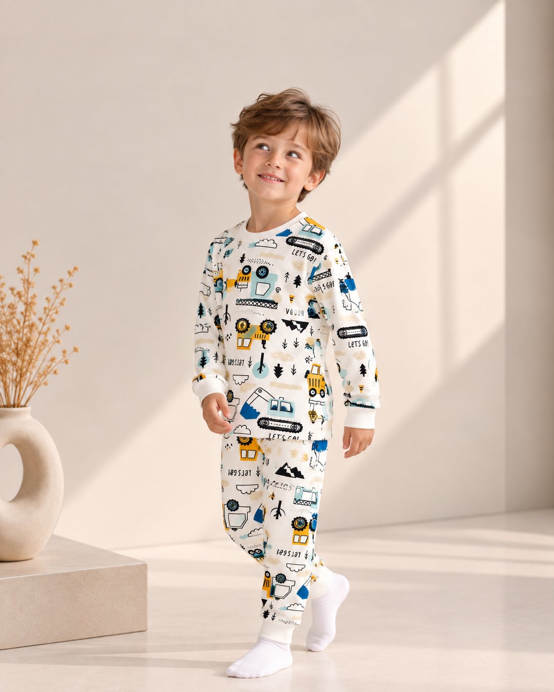 İş Makinası Desenli Kalın Mevsimlik Pijama Takımı (Tam Kalıp)