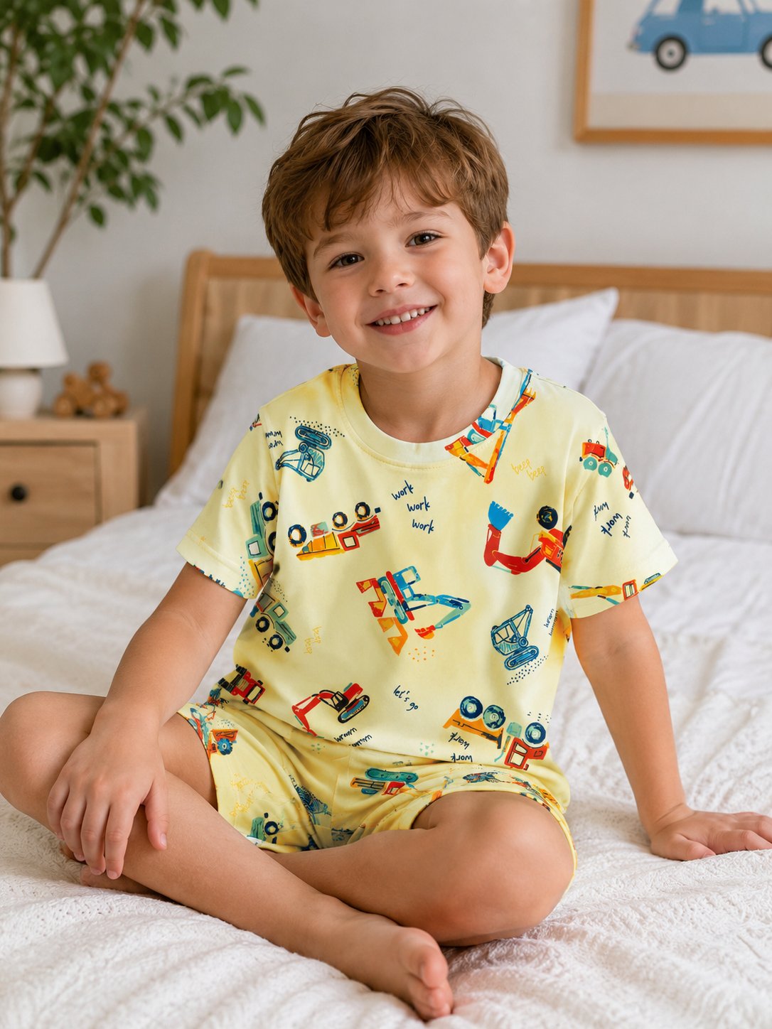 İş Makinesi Desenli Şortlu Pijama Takımı