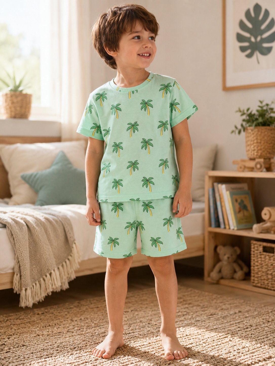 Palmiye Desenli Şortlu Pijama Takımı