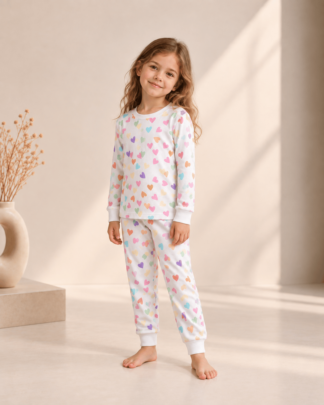 Renkli Kalp Desenli Kalın Mevsimlik Pijama Takımı (Tam Kalıp)