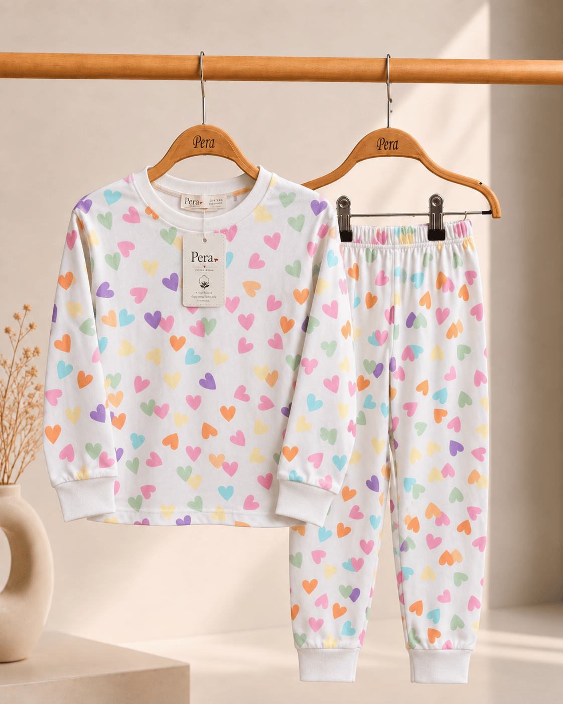 Renkli Kalp Desenli Kalın Mevsimlik Pijama Takımı (Tam Kalıp)