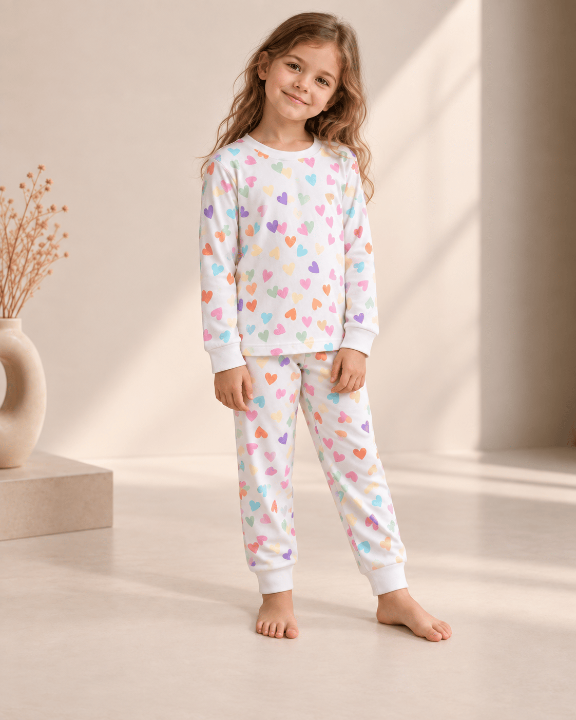 Renkli Kalp Desenli Kalın Mevsimlik Pijama Takımı (Tam Kalıp)
