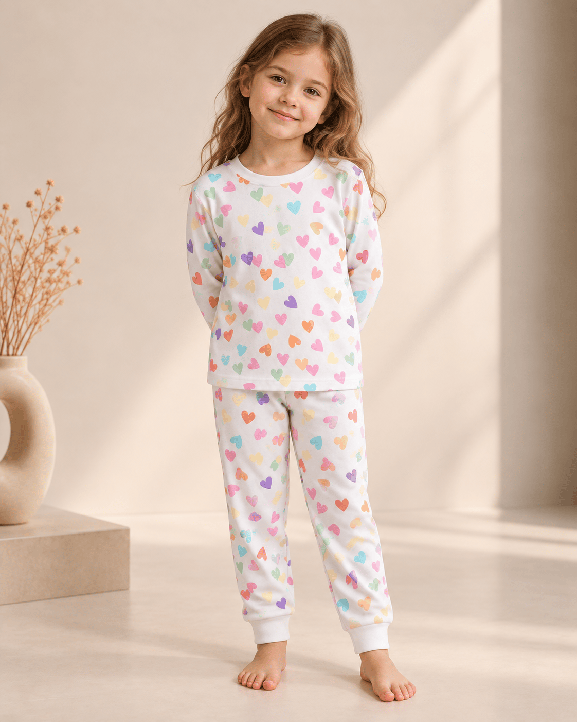 Renkli Kalp Desenli Kalın Mevsimlik Pijama Takımı (Tam Kalıp)