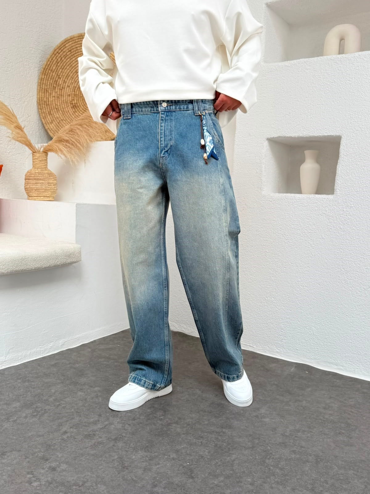Aksesuar Şerit Detay Mavi Baggy  Jean