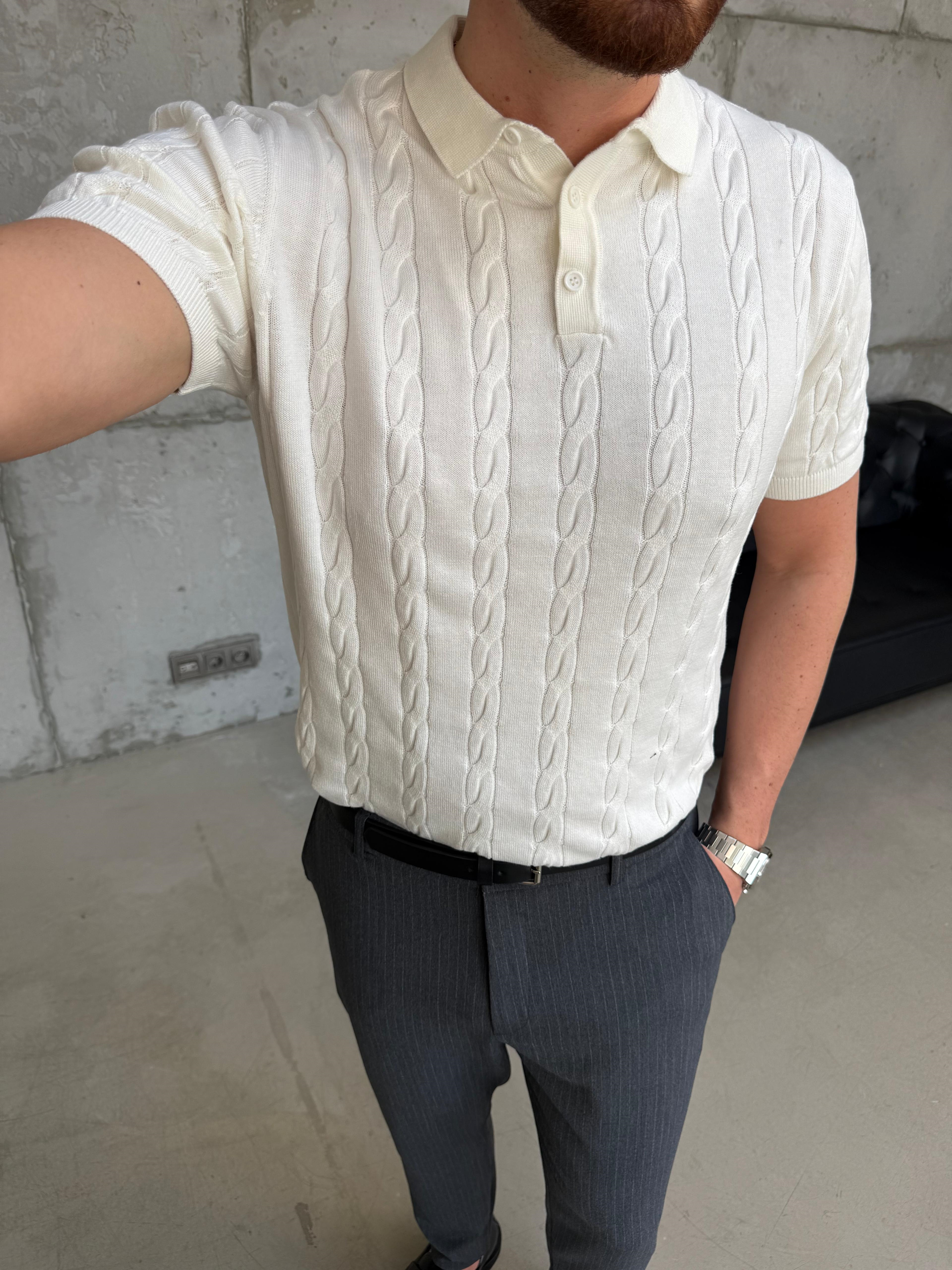 Beyaz Örgü Triko Polo Yaka T-Shirt