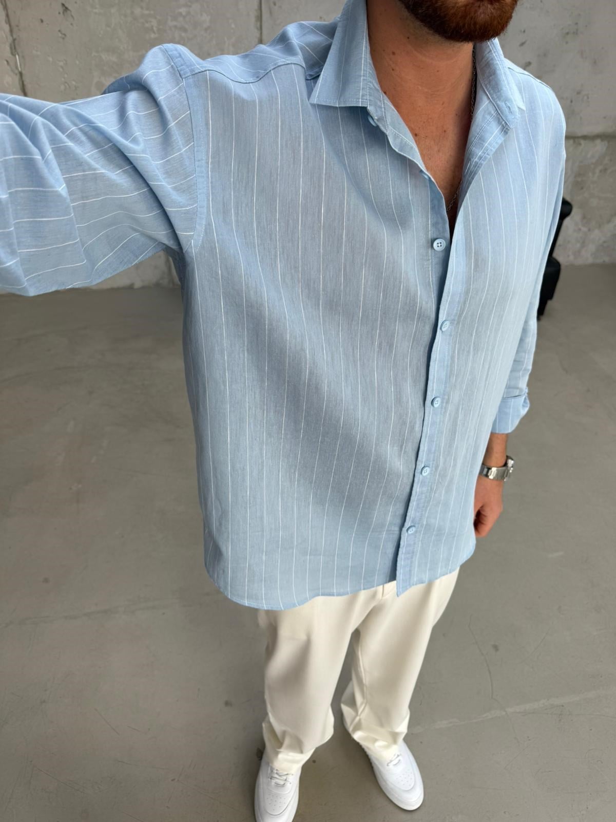 Çizgili Bebe Mavi Oversize Gömlek