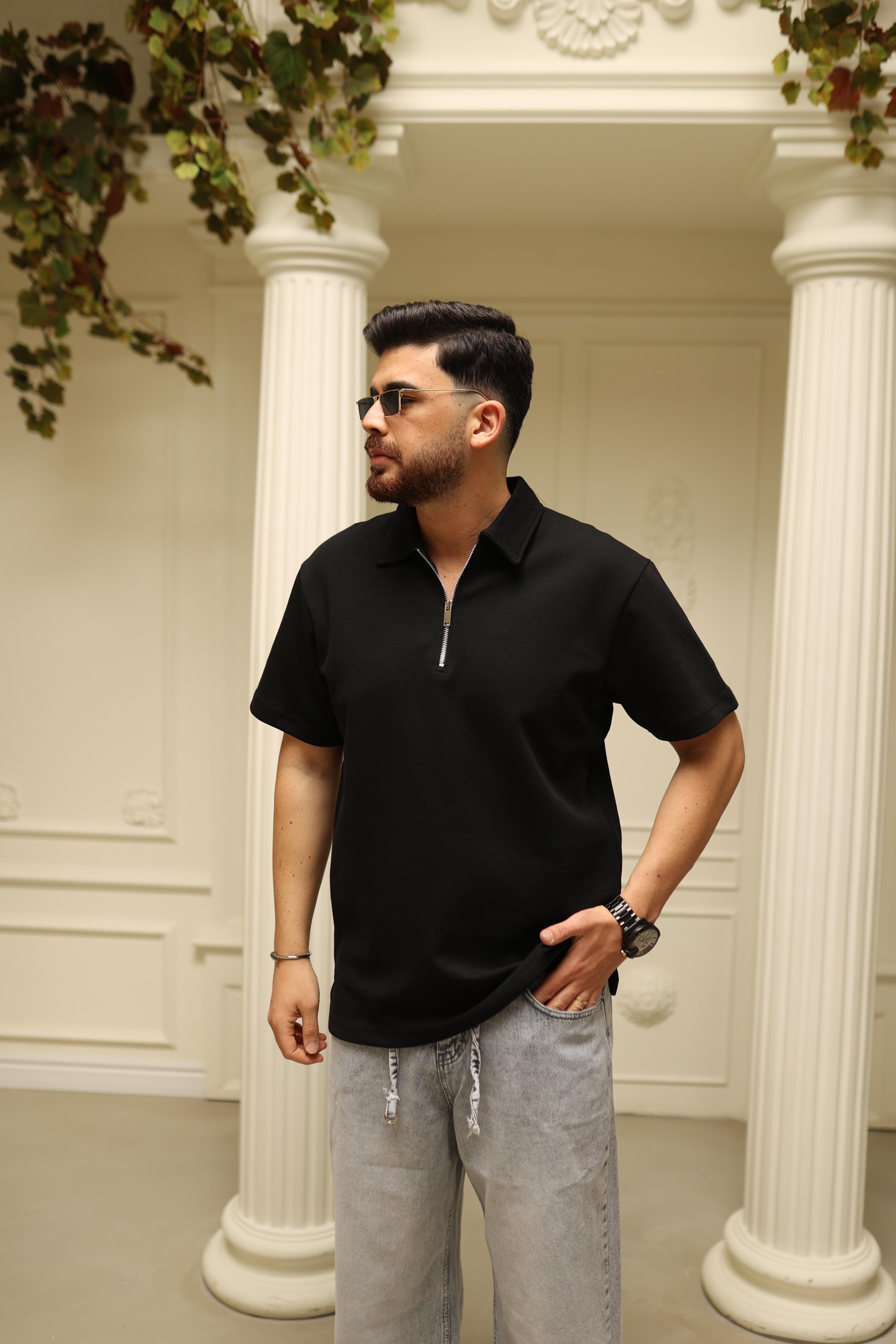 Fermuarlı Polo Yaka T-Shirt Siyah